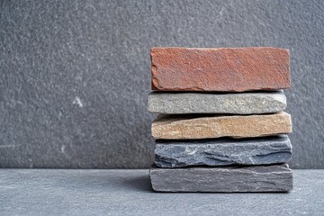 Stacked stones of various shades.  A collection of rectangular stones,  different colors,  arranged in a neat stack against a dark gray stone surface