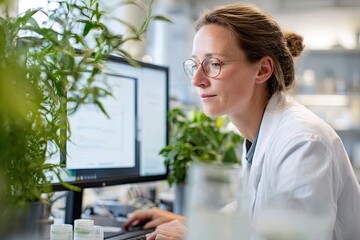 Focused researcher analyzes data amidst vibrant greenery in mode
