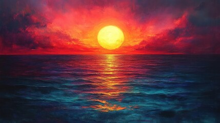 Fototapeta premium Fiery sunset over a vast ocean. Vivid colors paint the sky and water