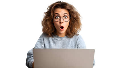 Surprised young woman with curly hair using a laptop computer at night in a dark room face girl cute on transparent background