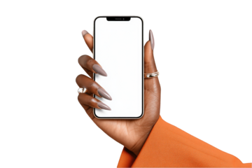 Elegant woman hand holding modern smartphone with blank screen stylish long nails orange clothing mockup template design app on transparent background