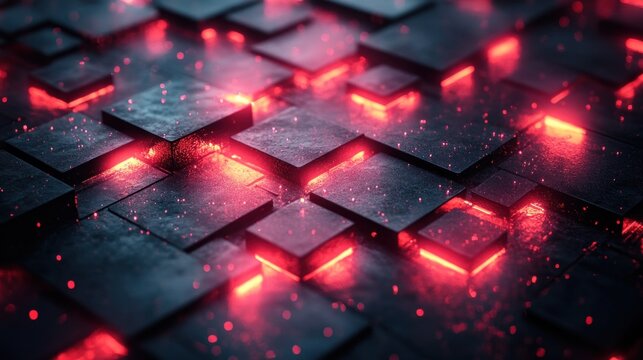 Abstract glowing dark red square blocks digital network