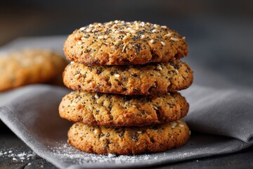 Freshly baked stack of sesame and poppy seed cookies on gray napkin.