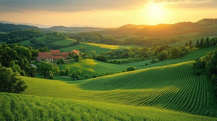 Fototapeta premium Picturesque Tuscan countryside at sunset. Lush green hills, terracotta-roofed buildings, and a vibrant golden sky