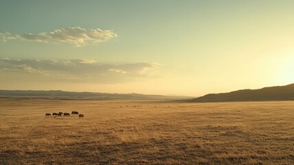 Wide Landscape Photograph Minimalist Composition A Group of Animals Grazing in Arid Desert Plain at Sunset