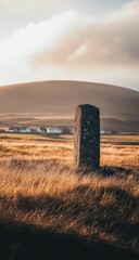 A solitary stone marker stands sentinel in a golden field, overlooking a valley