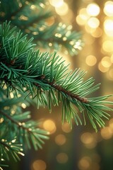 The image captures a serene forest atmosphere with vibrant evergreen pine needles on a branch, framed by a warm bokeh effect and soft golden sunlight.