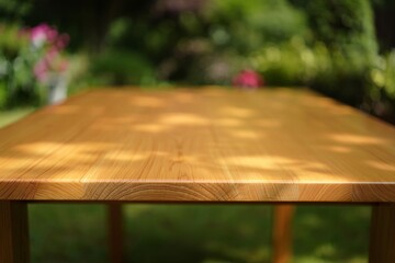 Fototapeta premium Empty Wooden Table Top with Natural Grain Texture and Blurred Summer Garden Background
