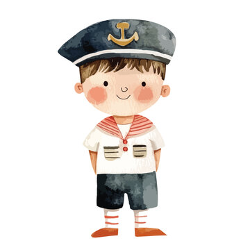 boy Ship Captain cute watercolors illustration isolated on white background