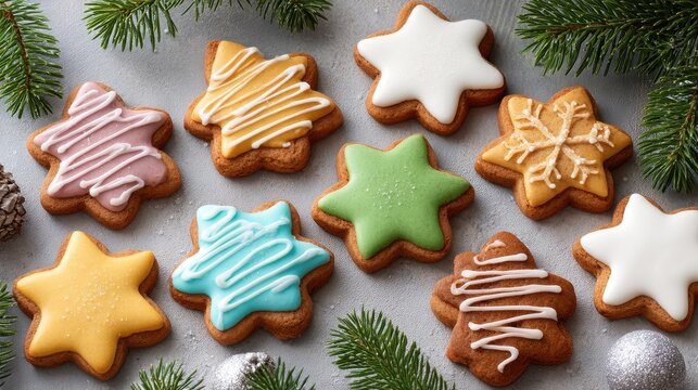 Assorted frosted christmas cookies with holiday decorations. - Powered by Adobe