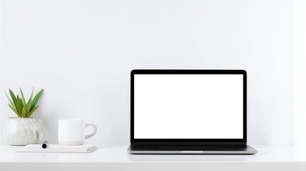 Blank Laptop Screen on Minimalist Desk with Green Plant and Mug