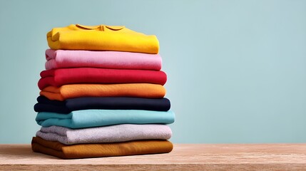 Stack of neatly folded colorful sweaters on a wooden table with blue background