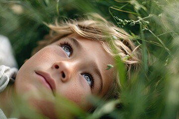 Child gazing thoughtfully at sky surrounded by lush green grass,