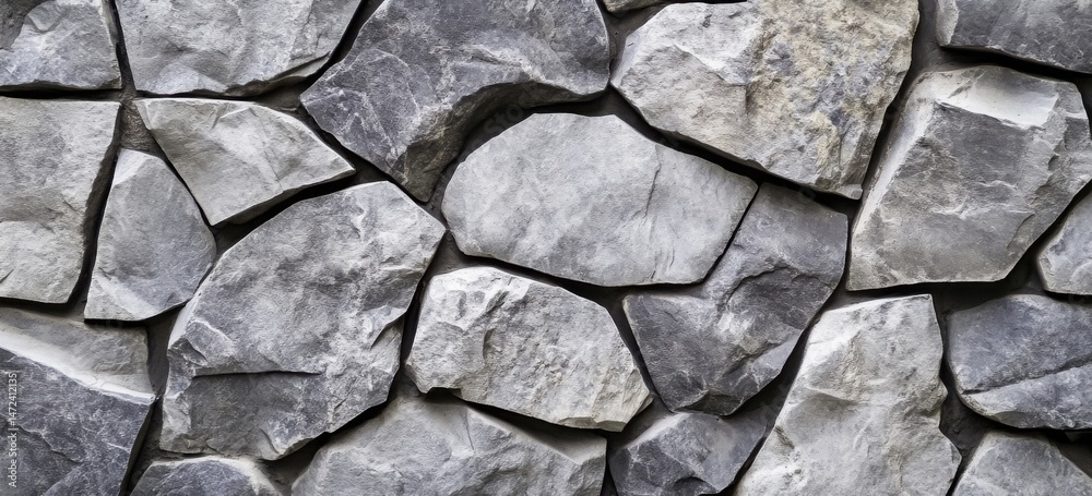 Poster irregular grey stone wall texture, close up view of rough, natural rock surface, ideal for construct