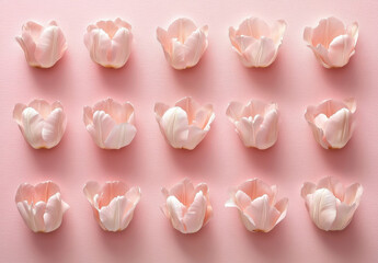 Obraz premium A delicate arrangement of fifteen pale pink tulips, meticulously arranged in a grid pattern on a soft pink background, creating a serene and elegant floral display. : Generative AI