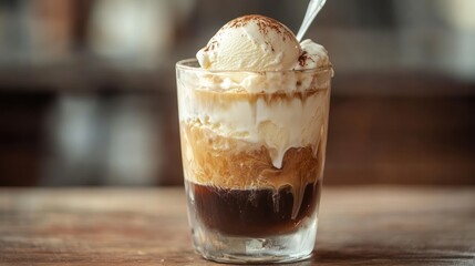 Affogato coffee dessert with vanilla ice cream scoop in glass on wooden table