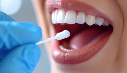 Fototapeta premium A close-up of a mouth being swabbed with a cotton stick by a gloved hand during a medical DNA or health test procedure