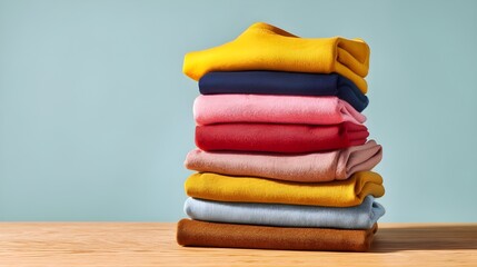 Stack of neatly folded colorful sweaters on a wooden table with blue background