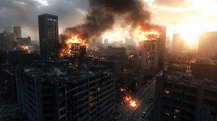 Obraz premium A post-apocalyptic cityscape at sunset, showing burning skyscrapers and devastated streets, a scene of urban destruction and chaos. : Generative AI