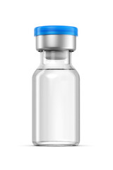 2ml injection vial (2R) with a blue cap, colorless liquid isolated. 3D rendering illustration. Transparent PNG image.