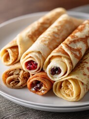 Assorted rolled pancakes with various fillings on a white plate.