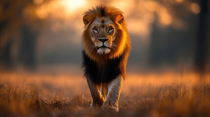 A majestic lion strides through golden grasslands in soft light, powerful presence
