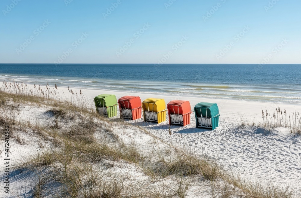 Aufkleber five colorful beach chairs sit on a pristine white sand dune overlooking a tranquil ocean under a cl