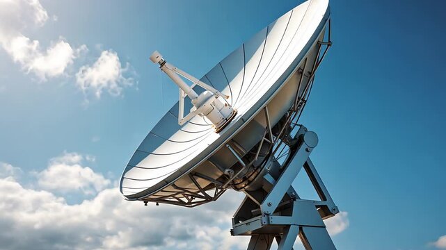 Large metallic satellite dish antenna pointed toward the sky under bright sunlight with scattered clouds and blue background

