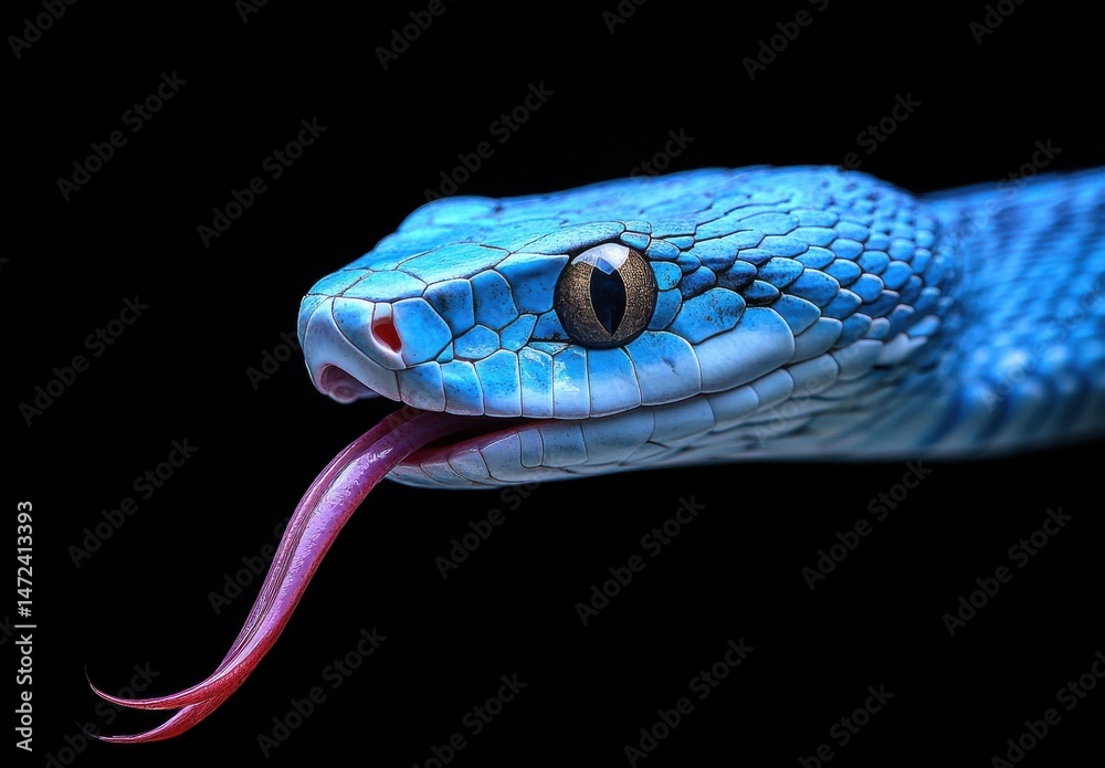 Poster close-up of a vibrant blue viper snake with its tongue extended, showcasing intricate scales and a c