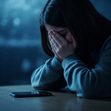 suffering and crying victim girl in front of her cell phone because of the internet crime or fraud or bullying or cyberstalking