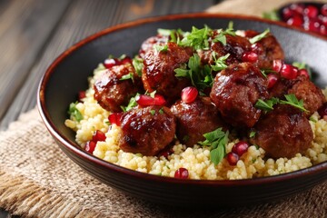 Delicious moroccan meatballs with couscous and pomegranate garnish.
