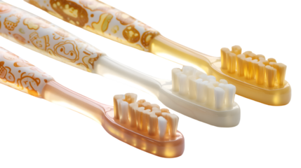 Three colorful cartoon toothbrushes set for kids oral hygiene care fun cute baby teeth brown beige white on transparent background