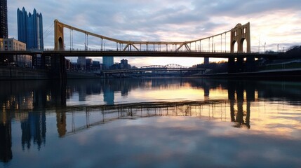 Obraz premium Golden hour reflection of the iconic yellow bridge spanning the Allegheny River in Pittsburgh, Pennsylvania, with city skyline and tranquil water. : Generative AI