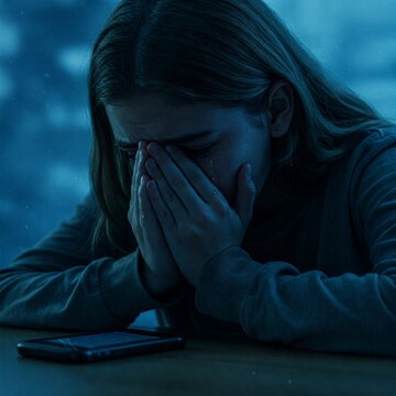 crying and suffering victim girl in front of her cell phone because of the internet crime or scam or bullying or cyberstalking