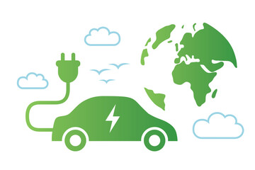 electric car with charging cable on earth background vector illustration