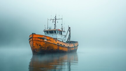Obraz premium Orange boat on calm water, enveloped in thick fog, creating a serene, mysterious scene