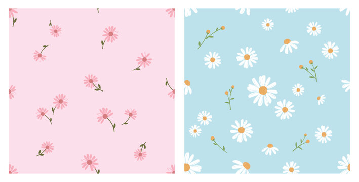 Seamless pattern with daisies and pink flower on pink and blue backgrounds vector. Cute floral print.