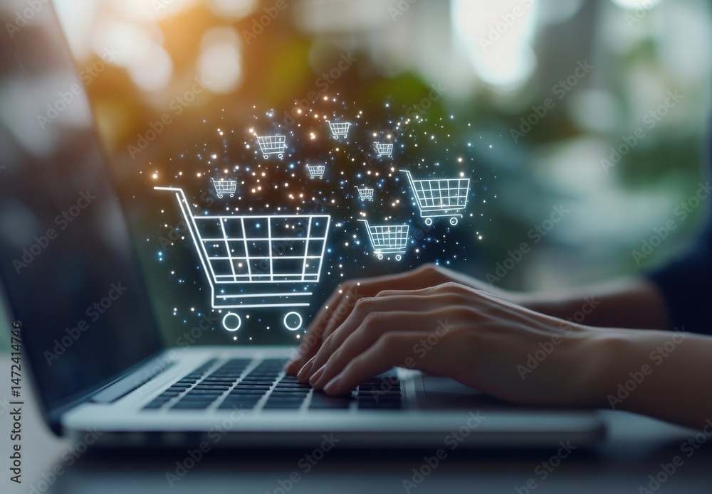 Aufkleber woman's hands typing on laptop keyboard with glowing shopping cart icons above, symbolizing online s