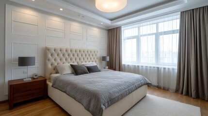 Modern minimalist bedroom with neutral colors and elegant decor.