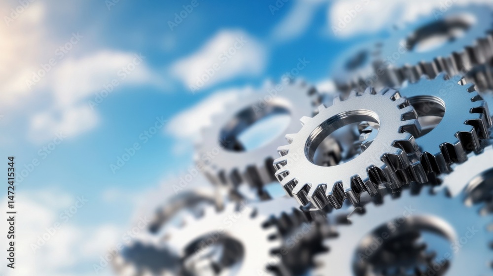 Poster close-up of interlocking metal gears against a blurred blue sky background, illustrating teamwork an