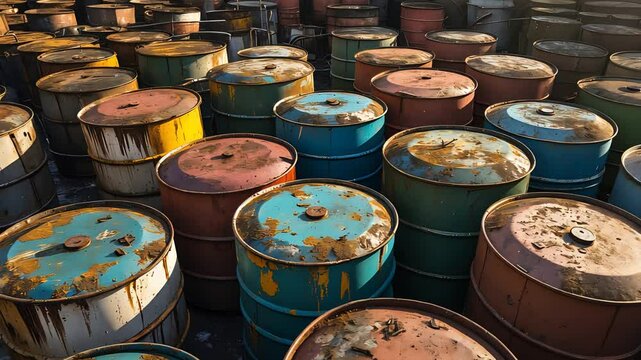 Stacked rows of weathered rusty metal oil barrels in an outdoor industrial storage yard under natural sunlight with visible corrosion and color fading


