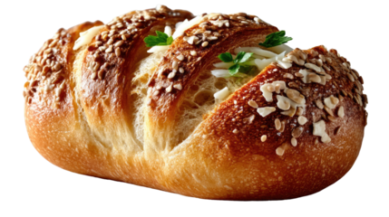 Artisan Bread Delight: A close-up shot of a freshly baked artisan bread roll, showcasing its golden-brown crust, soft interior, and inviting aroma.