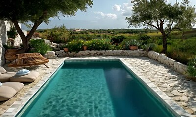 A serene outdoor pool area surrounded by greenery and stone, perfect for relaxation.