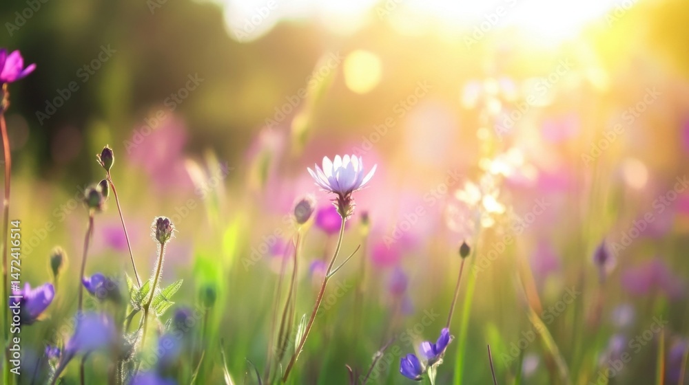 Poster a single, delicate purple flower basks in the warm glow of the setting sun, surrounded by a field of