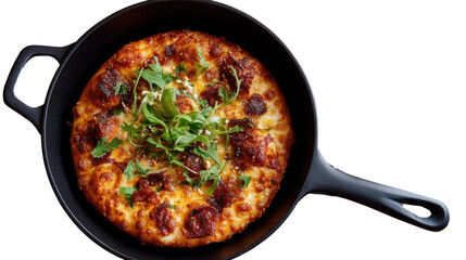 Rustic Delight: A close-up of a freshly baked pizza, complete with sizzling toppings, served in a classic cast-iron pan, promising an authentic taste experience.