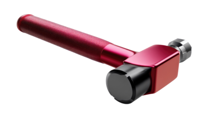 Crimson Precision Hammer: A high-angle studio shot captures a red, modern hammer tool against a simple, emphasizing its sleek design and precise engineering.
