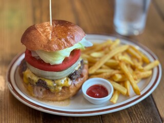 Homemade hamburger and french fries