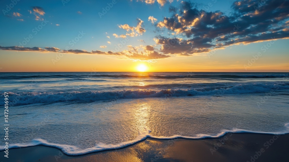 Poster serene ocean sunset with gentle waves lapping the sandy shore, showcasing a vibrant display of warm 