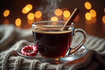 A steaming cup of black coffee with a cinnamon stick and a small candy cane on the side. The background shows a knitted blanket and glowing fairy lights for a warm Christmas feel