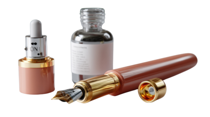 Elegant Stationary Composition: A stylish assortment of writing essentials, featuring a meticulously crafted fountain pen with a gleaming gold nib, an accompanying ink bottle.